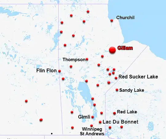 Map showing the location of Gillam in Manitoba